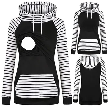 

Pregnant Women Maternity Clothes Thick Breastfeeding Hooded Blouse Tops Striped Nursing Pregnancy T-shirt Embarazada Hoodies