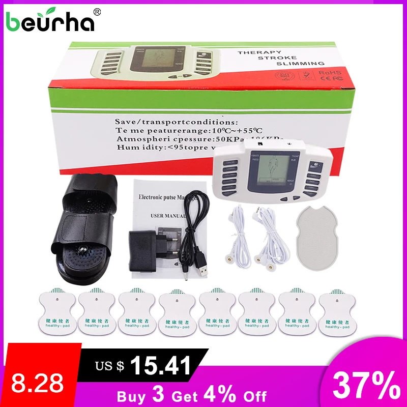 

New Russian or English Button Electrical Stimulator Full Body Relax Muscle Therapy Massager,Pulse tens Acupuncture +16pads + Box