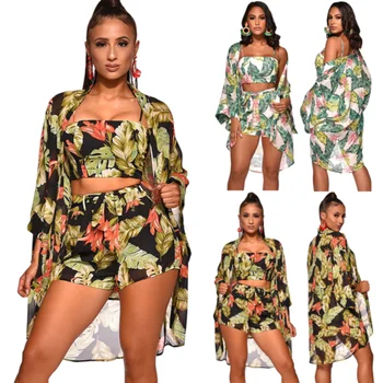 

UK Women Floral 3Pcs Crop Top Short Trousers 3/4 Sleeve Cape Jumpsuit Playsuit