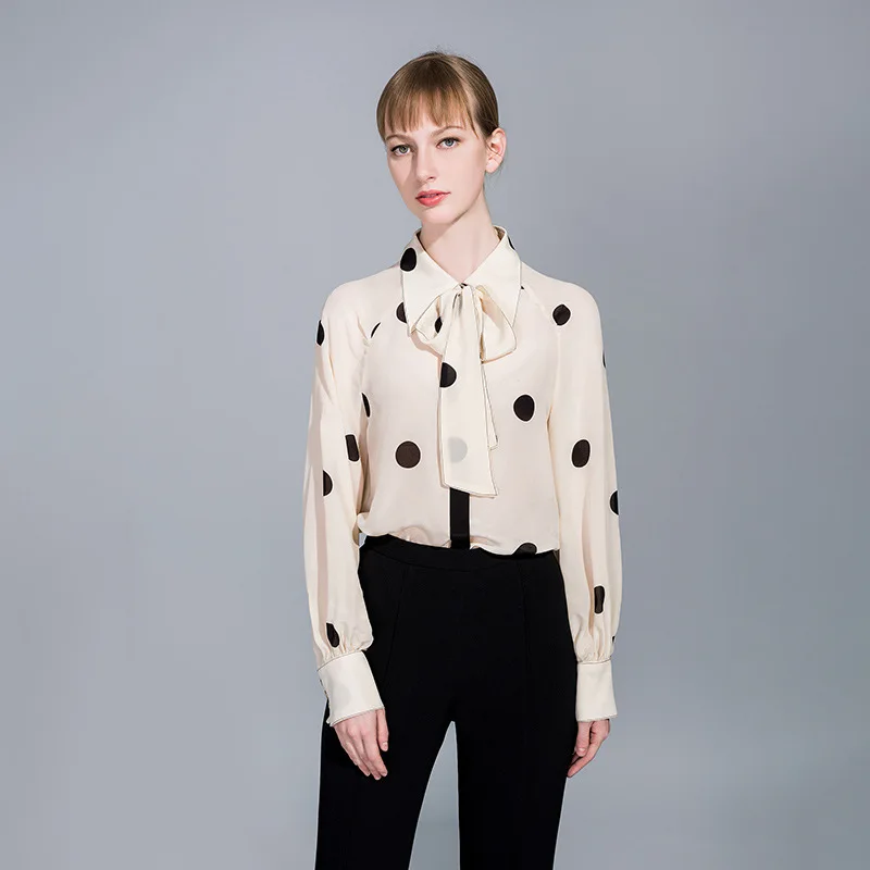 

2020 Spring Women's Real Silk 100% Luxury High End Shirts Long Sleevd Bowtie Collar Women Blouses and Tops