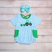 

Summer Girls Clothes Green Pocket Blue Striped Short Sleeve Green Tractor Embroidery Pattern Toddler Baby Romper