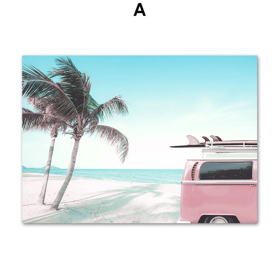 Sea-Beach-Pink-Parasol-Car-Coconut-Tree-Wall-Art-Canvas-Painting-Nordic-Posters-And-Prints-Wall (3)