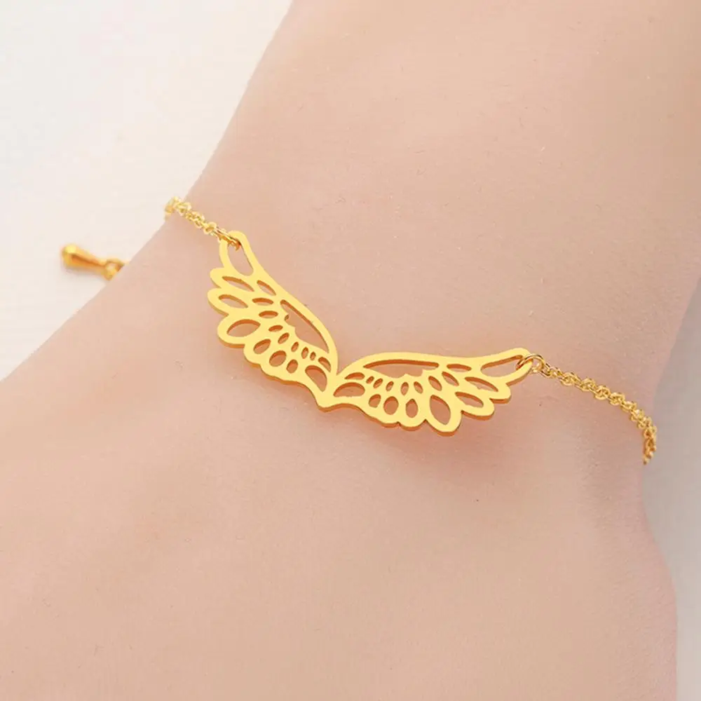 Chandler Stainless Steel Angel Wings Bracelets Double Wings Filigree Wings Charm Slim Chain Hand Arm Unique jewelry Beach Anklet