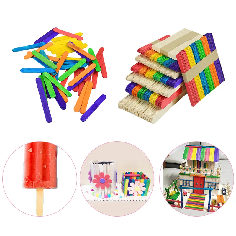 50pcs Multi Size Colorful Wooden Popsicle Sticks Natural Wood Ice Cream Stick Kids DIY Popsicle Sticks Kitchen Accessories