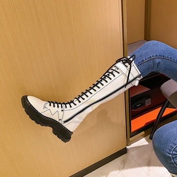 

Genuine Leather Female Boots Women lace up Knee High Boots platform New Winter autumn Long Boots Party Shoes Woman