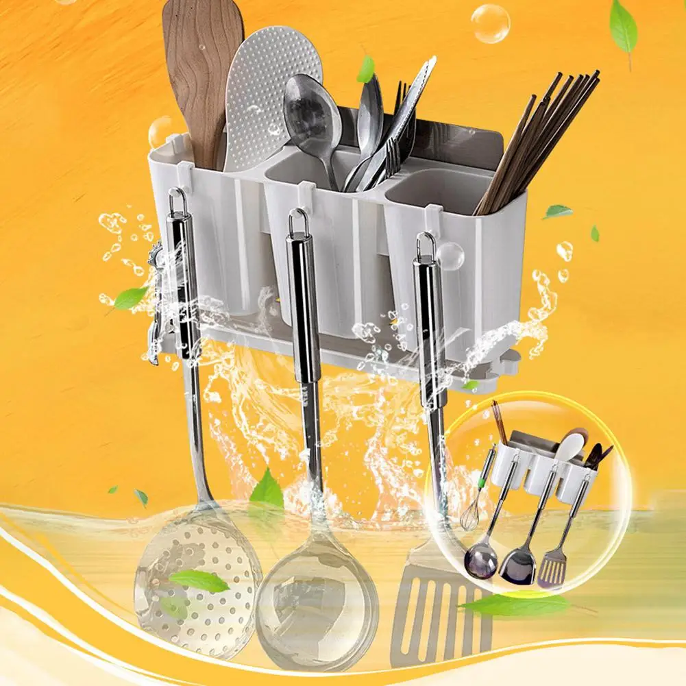 

No-Punching Holder Draining Chopsticks Container Storage Box 3-Slot Spoon Fork Chopsticks Container Kitchen Tools