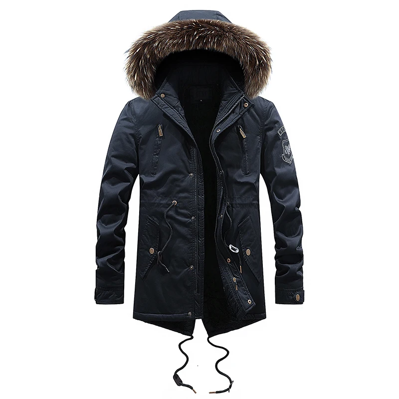 Модная зимняя мужская куртка с меховым воротником, плотное пальто с капюшоном, верхняя одежда, внутренняя Вельветовая теплая парка, мужской длинный Тренч, британский пуховик - Цвет: Черный