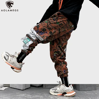 

Aolamegs Sweatpants Fashion Print Men Trouser Elastic Waist High Street Multi-Pocket Cargo Style Cool Joggers Fashion Streetwear