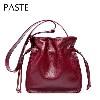 

PASTE Genuine Cow Leather Women's Bucket Bag Small Fashion Soft Cowhide Leather Drawstring Shoulder Crossbody Bags Daily