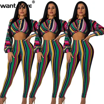 

Wantmove women 2 piece set sexy stripe print long sleeve top slim pants 2019 new winter casual 2 piece set WM930