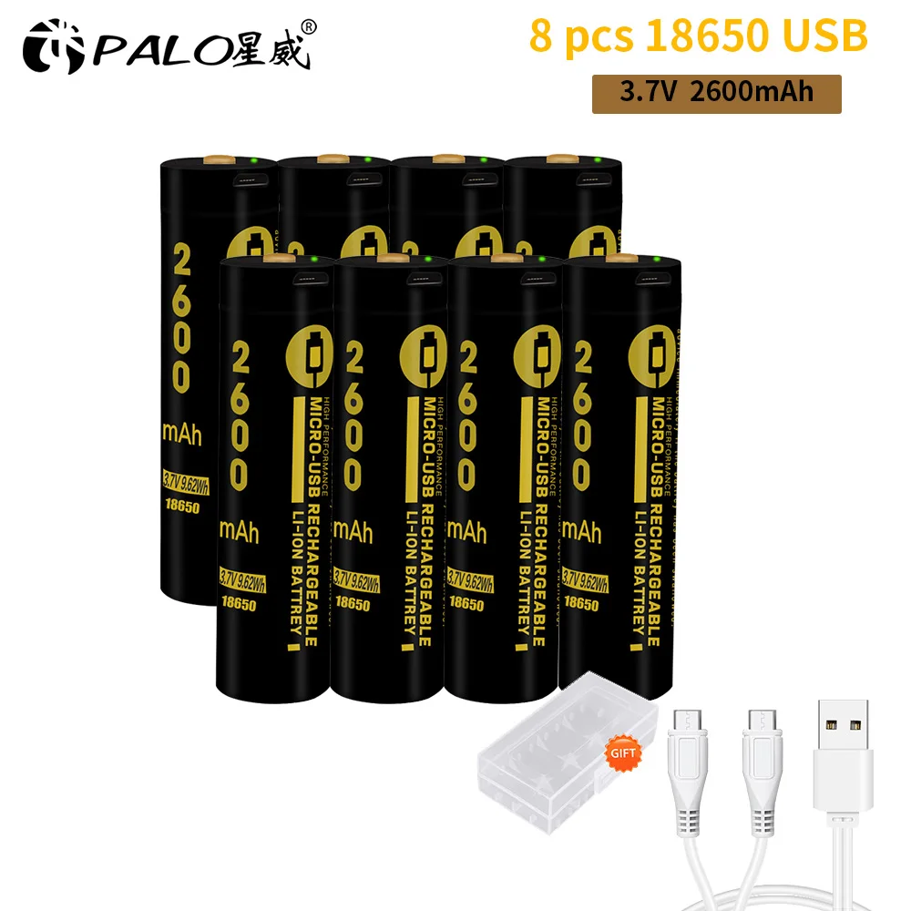 PALO MICRO USB 18650 батарея 2600 mAh литий-ионная аккумуляторная батарея 3,7 V светодиодный индикатор USB DC-зарядка умная батарея - Цвет: 8PCS