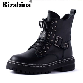 

RizaBina Warm Women Short Boots Fashion Cross Strap Simple Zipper Ridding Boots Cool Beads Heels Round Toe Footwear Size 35-40