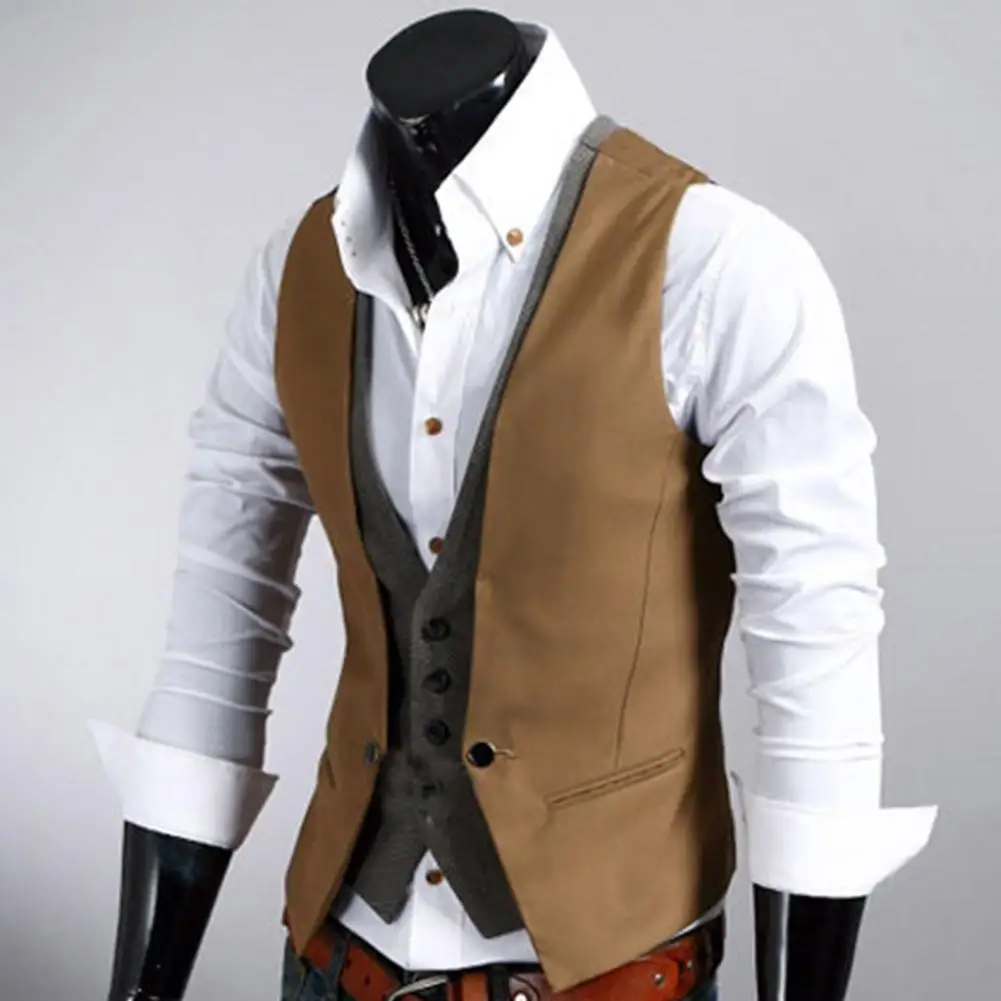 Men Formal Waistcoat Vest Business Fake Two-pieces V Neck Sleeveless Button Pocket Slim dress vests