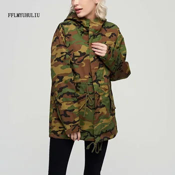 

Autumn and winter new women's camouflage jacket drawstring waist zipper long-sleeved hooded windbreaker fashion long casual jac