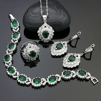 

925 Silver Bridal Jewelry Sets for Women Natural Green CZ White Crystal Earrings/Pendant/Ring/Bracelet/Necklace Set