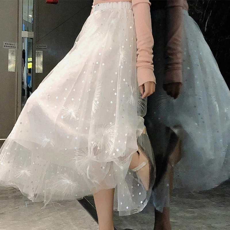 

Wild mesh yarn skirt women spring summer autumn mid-length Bead a-line skirt high waist Wave point Sequins Dandelion embroidery