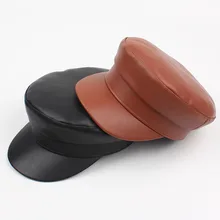 Женские осенне-зимние однотонные шляпы из искусственной кожи, женская военная шляпа, Женская гладкая Кепка из искусственной кожи, женские военные кепки