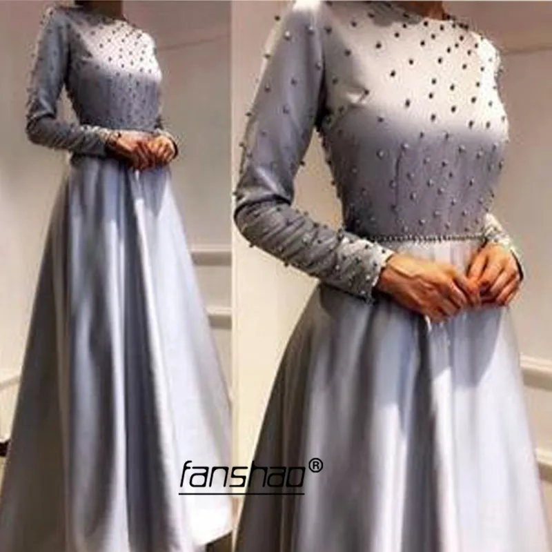 

Simple Muslim Evening Dresses Satin A-line Long Sleeves Pearls New Arrival Islamic Dubai Saudi Arabic Long Prom Evening Gown