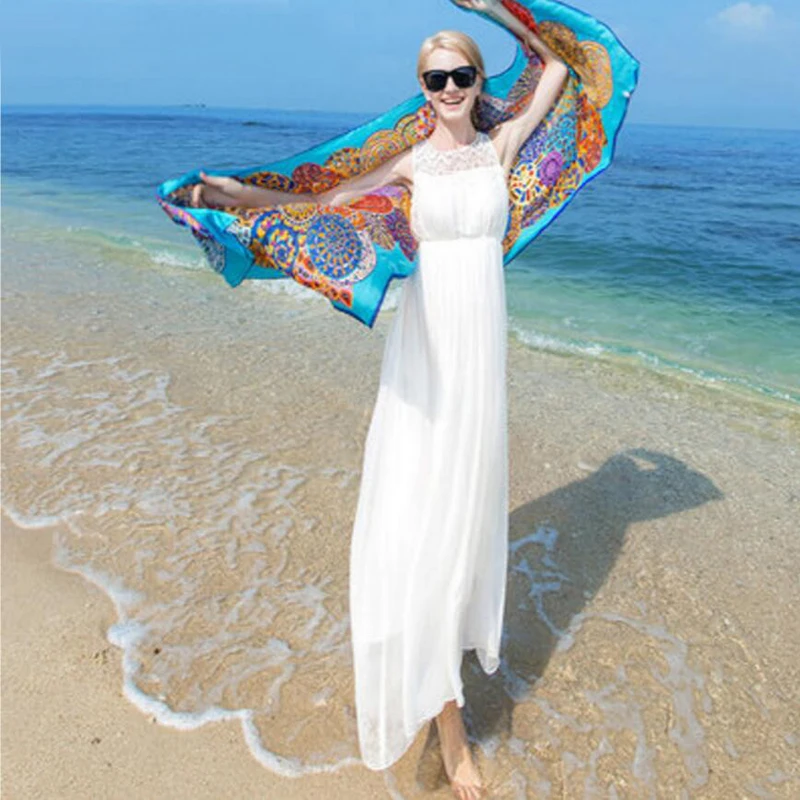 New Real 100%Silk Dress Women Natural Silk High Quality Elegent Holiday Beach Long dress White Free Shipping