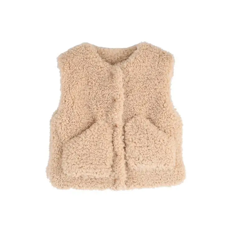 Autumn Winter fashion girls solid color quilted berber Fleece waistcoats kids warm cute sleeveless thick vests - Color: light khaki