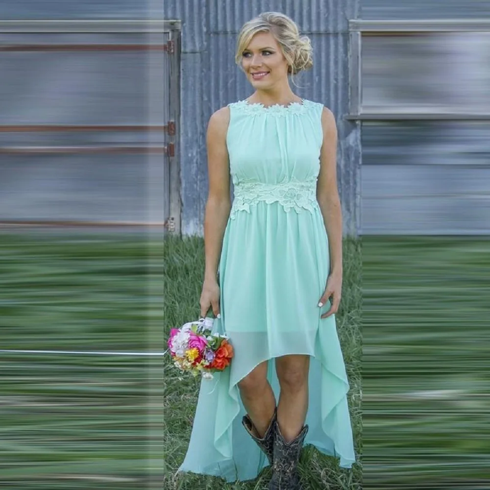 Crockoonboo O-Neck Chiffon High Low Bridesmaids Dress Lace Appliques Hi-Lo Spring Honor Of Maid Cheap Custom