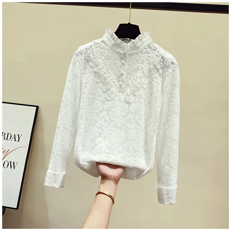 Plus Velvet Cotton Lace Shirt Women's Long Sleeve Autumn Winter All-match Shirt Tops Temperament Interior Jacket Girls Ladies