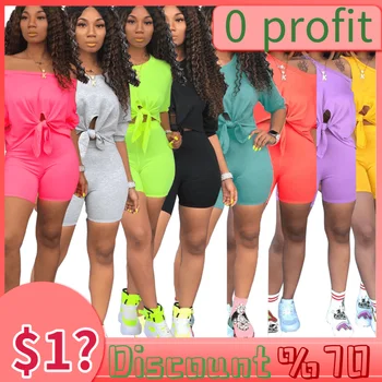 

two piece women new summer three quarter length sleeve tie up hem off shoulder top shorts suit two piece set tracksuit outfit