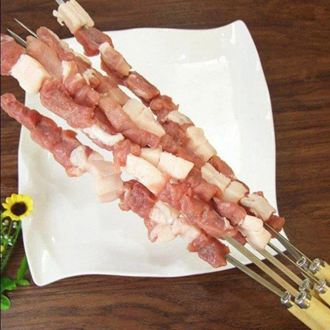20pcs Stainless Steel BBQ Tools Flat Barbecue Stick BBQ Roasting Needle with Wooden Handle Skewers Outdoor Camping Forks