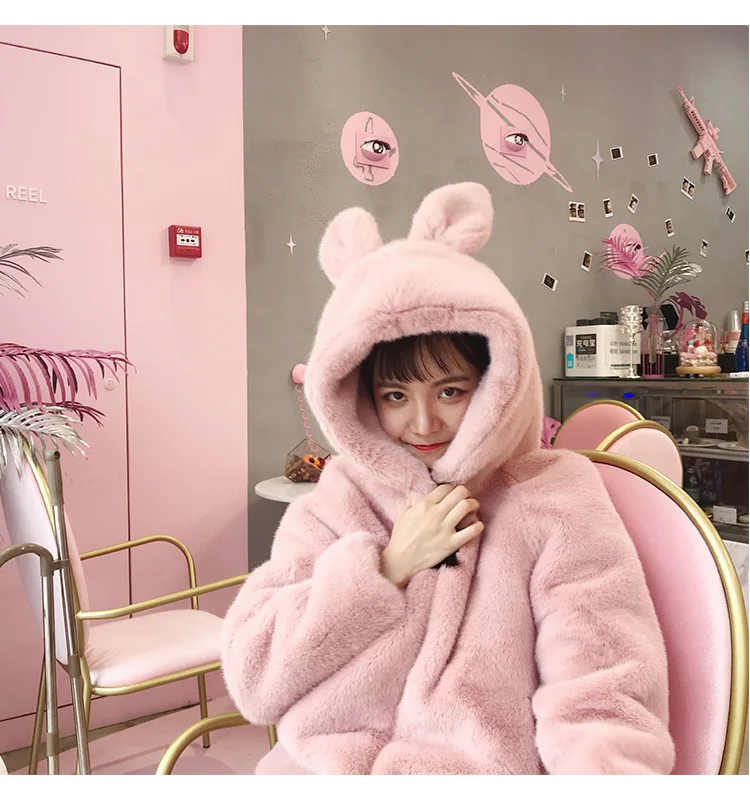 Cute Hooded Faux Fur Rabbit Ears Hooded Fluffy Coat Cartoon Imitation Rabbit Fur Grass Thick Jacket Soft Cardigan Bomber Tops - Цвет: Розовый