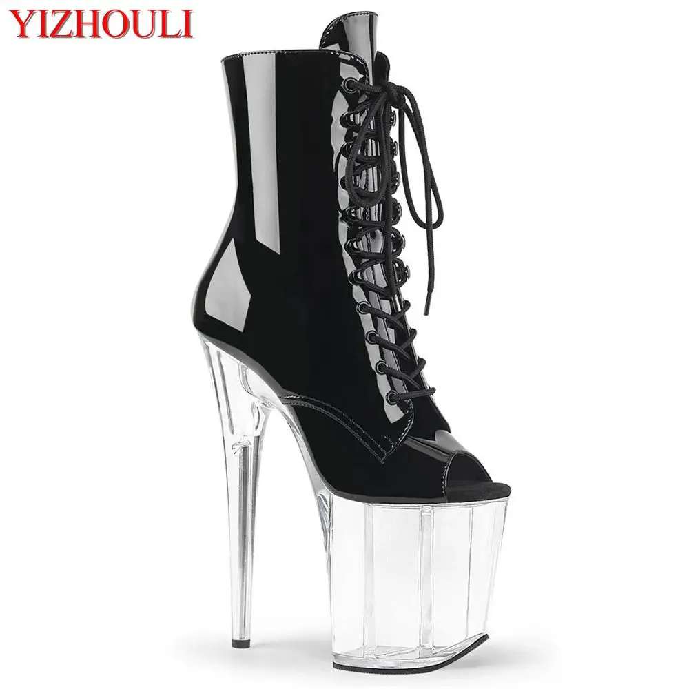 

Transparent sole 20cm high heels, banquet stage walk thick heel boots, fish mouth outside zipper, ankle boots