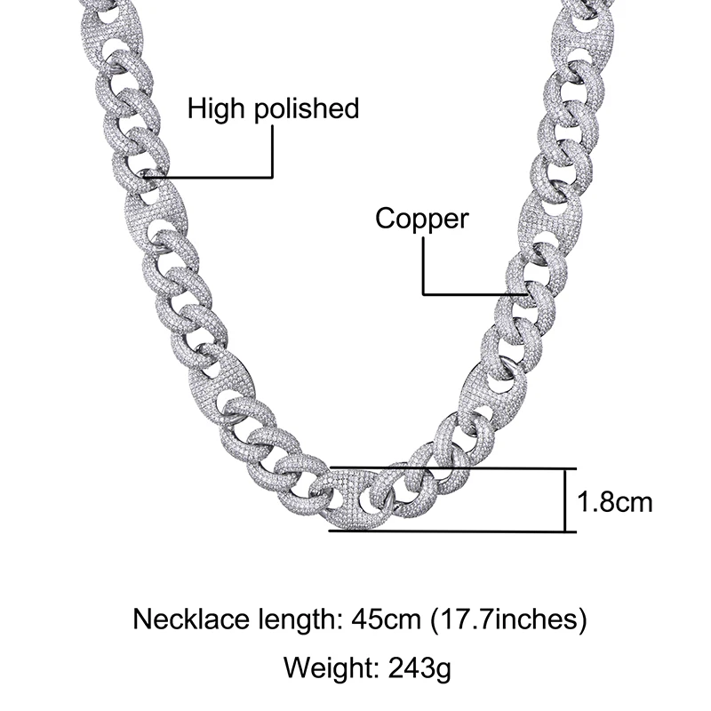 18 мм набор Bling AAA CZ кубический цирконий Iced Out Box застежка роскошные кубинские звенья цепочка на шею для мужчин хип хоп рэппер ювелирные изделия 1" 24" - Окраска металла: Silver Necklace