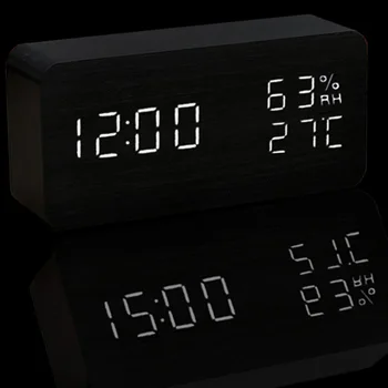 

Wooden Digital Temperature Humidity Alarm Clock LED Voice Control Multifunction Electronic Table Clock Bedroom Decor Desk Watch