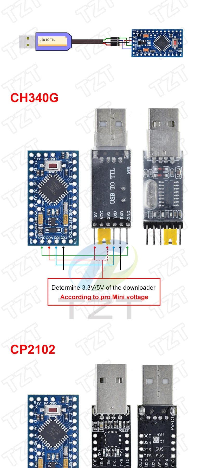 TZT Pro mini Atmega328P Pro Mini 328 Mini ATMEGA328 3,3 V 8 MHz 5 V 16 MHz Ch340g CP2102 FT232RL Treiber für Arduino kompatibel Nano – Detail 4