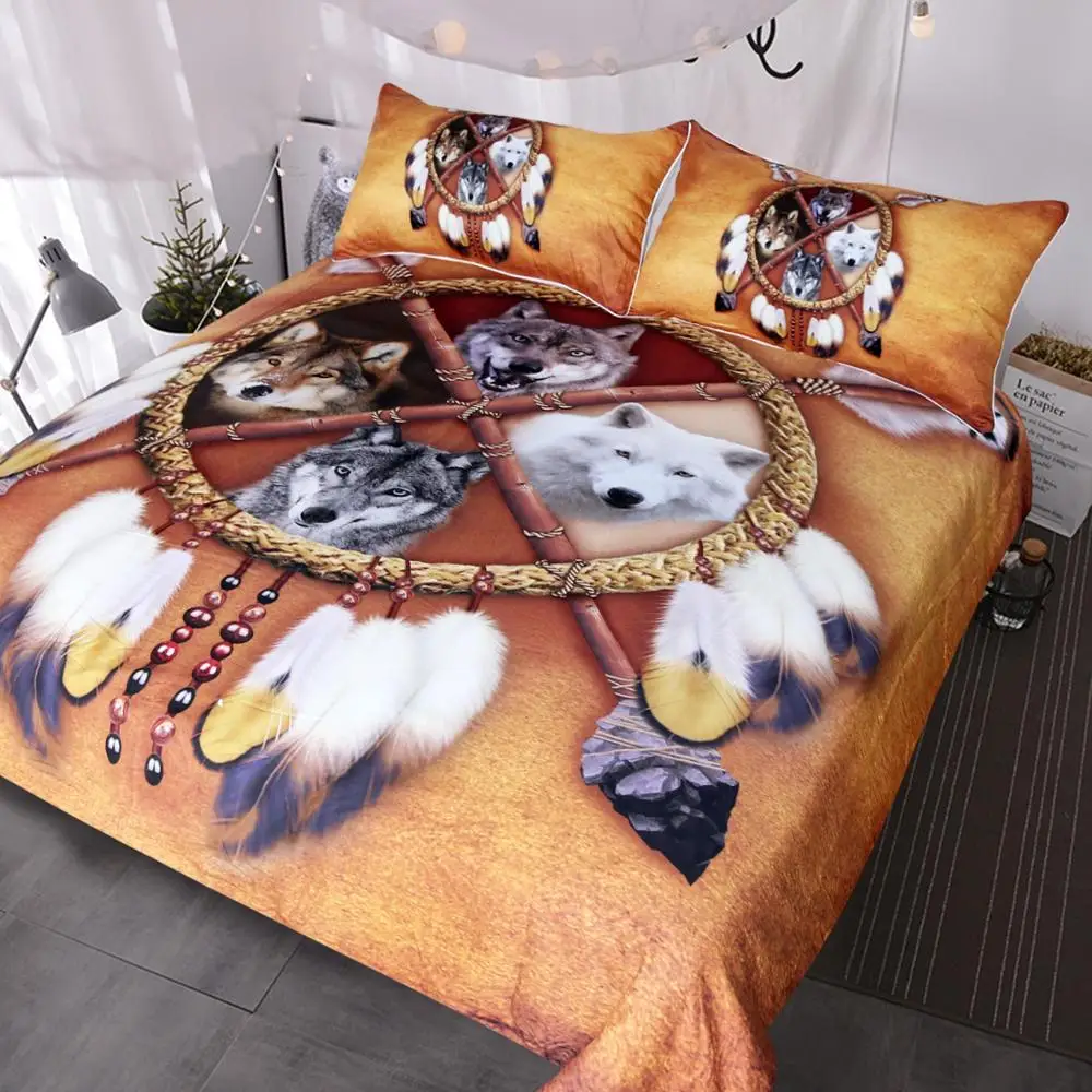 

HM Life Bedding Set Wolves Full Size Dreamcatcher Duvet Cover Set Wild Wolf 3D Printed Bedclothes Comfortable Home Textile
