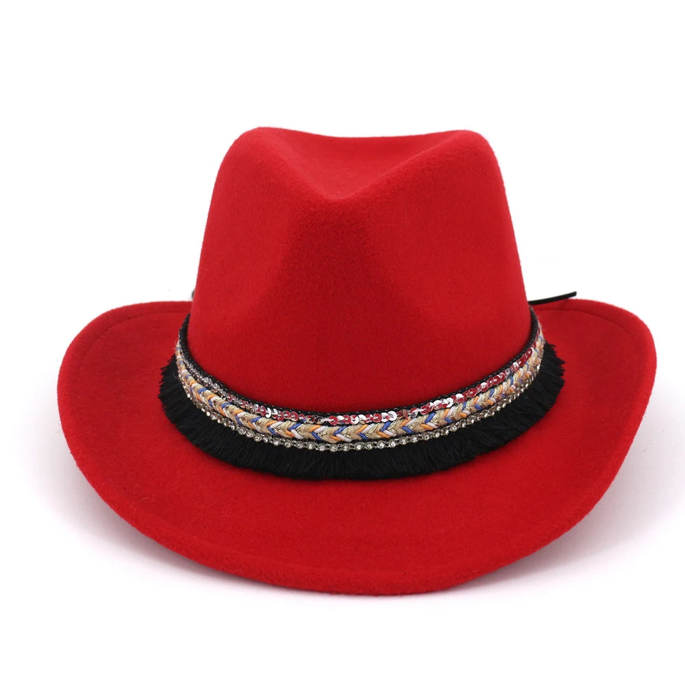 Мужская Женская шерстяная ковбойская шляпа Weatern с бахрома на ленте Sombrero Hombre широкий джазования с полями шляпа размер 56-58 см