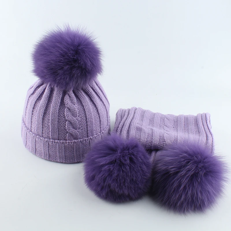 Kids Real Fox Fur Pompom Hat and Scarf Set Cute Baby Boy Girl Winter Hat Fleece Inside 3 Pieces Pompon Beanies
