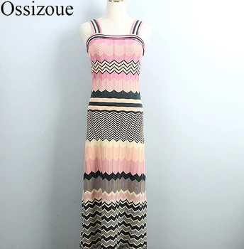 

2020 Bohemian Striped Dress Sexy Knitted Sleeveless Summer Spaghetti Strap Backless Dress Mid-calf Elegant Runway Party Dresses