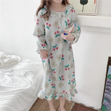 

kawaii cartoon bear nightgown long sleeve plaid cherry dress home clothes ruffles out wear women nightshirt cotton 3 color L978