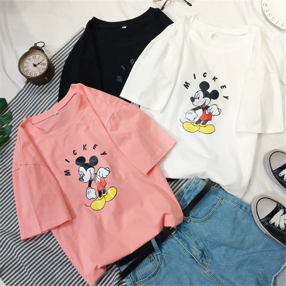 Mickey Mouse T-shirts Women Summer Cartoon Tops O-neck Short Sleeve Harajuku Women Cute T-shirt Disney Female Clothes Lady Tees