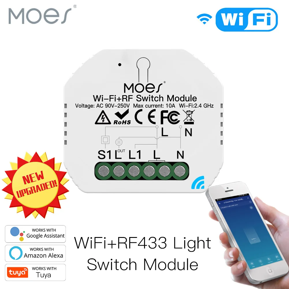Módulo de interruptor inteligente RF433 de 1 entrada y 1/2 vías, enchufe inteligente con WiFi, funciona con Alexa y Google Home