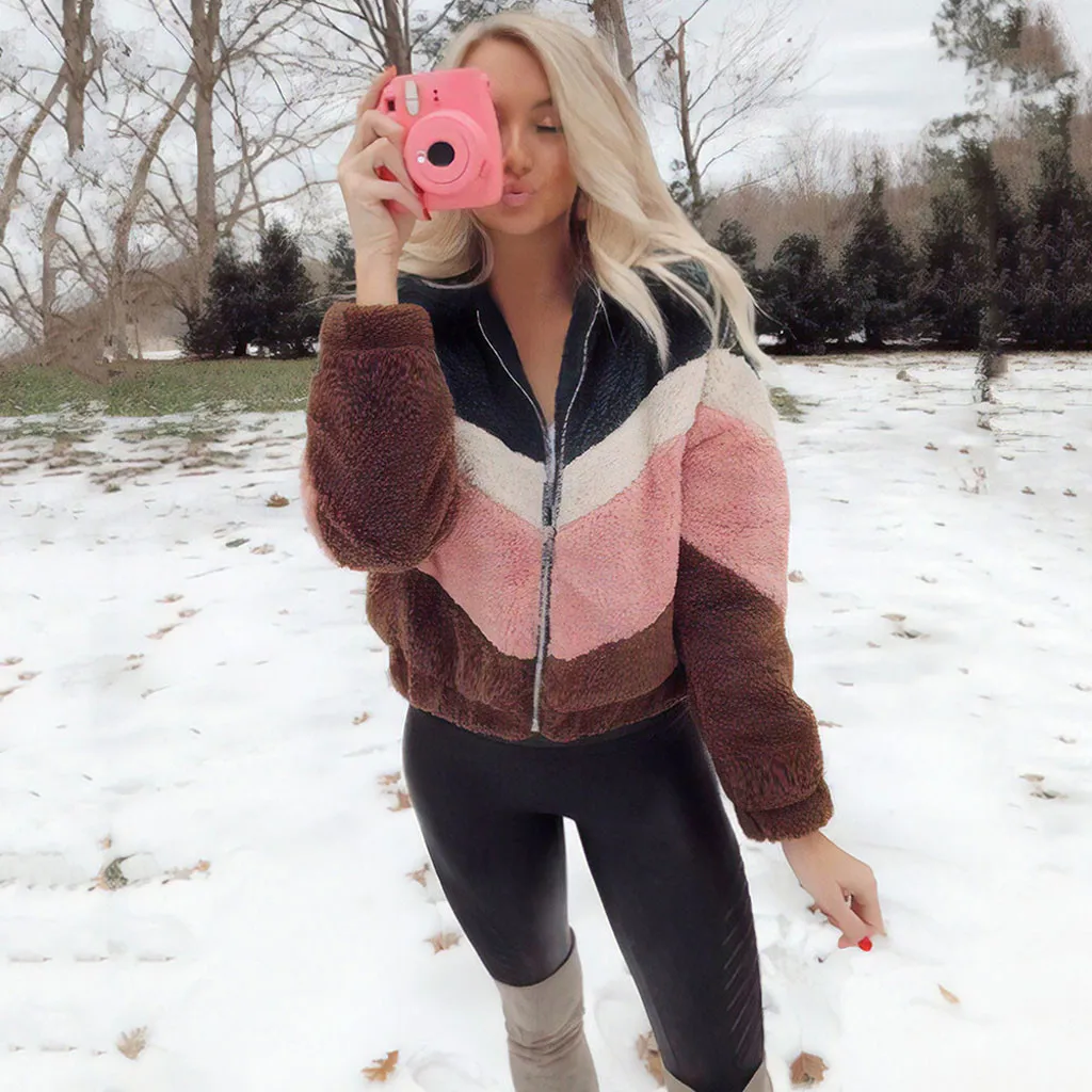 

Winter Women Jacket Female Patchwork Zipper Flannel Long Sleeve Sweatshirt Pullover Coat Outwear Jacket Casual Coats Autumn