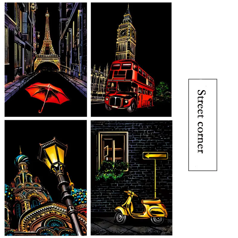 4 Pcs 29.5*21.5 cm A4 Magic Scratch Painting DIY manual Famous City Building Night View Scraping Paiting Drawing Toys For Kids 9