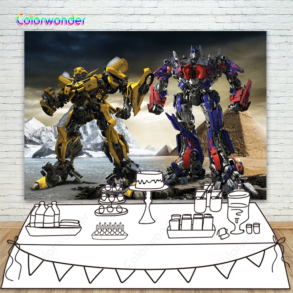 

Transformers Bumblebee and Optimus Prime Photo Background Pyramids and Iceberg Kids Birthday Party Decor Photography Backdrops