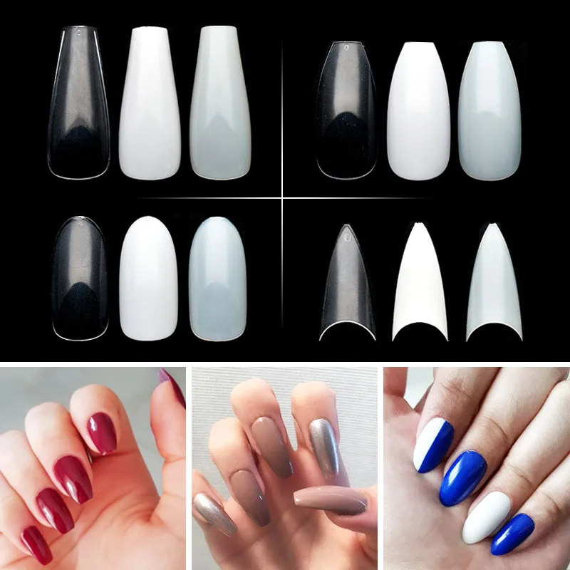 

1Bag Ballerina Fake Nails Long Coffin False Nails Art Tips Contains Glue Stiletto Sharp French Artificial Manicure Tips JZJ3023