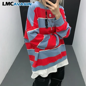 

LMCAVASUN 2020 new spring Harajuku Shibuya woman Hoodies stripe Fake two-piece long sleeve top Loose sweater men women pullovers