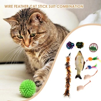 

11pcs Cat Toys Set Cat Retractable Teaser Wand Interactive Feather Stick Fluffy Mouse Fish Toy
