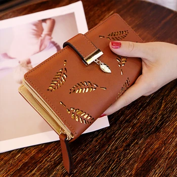 

MoneRffi Women Wallet PU Leather Purse Female Long Wallet Gold Hollow Leave Pouch Handbag For Women Purse Card Holder Clutch
