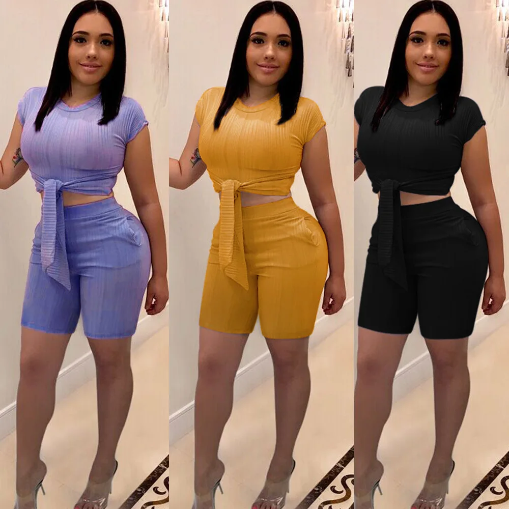 

new women summer short sleeve knitted tie up hem short tee top half knee length pants suit two piece tracksuit outfit K8725