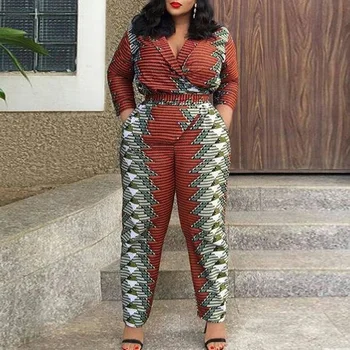 

Fadzeco Women Sexy V Neck African Print Jumpsuit 3/4 Sleeve African Dresses for Women Floral Bazin Vestidos African Clothes