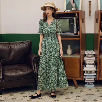 

Female Small Flower Print Green Summer Dress Women Short Sleeve Floral Print Long Chiffon Dresses